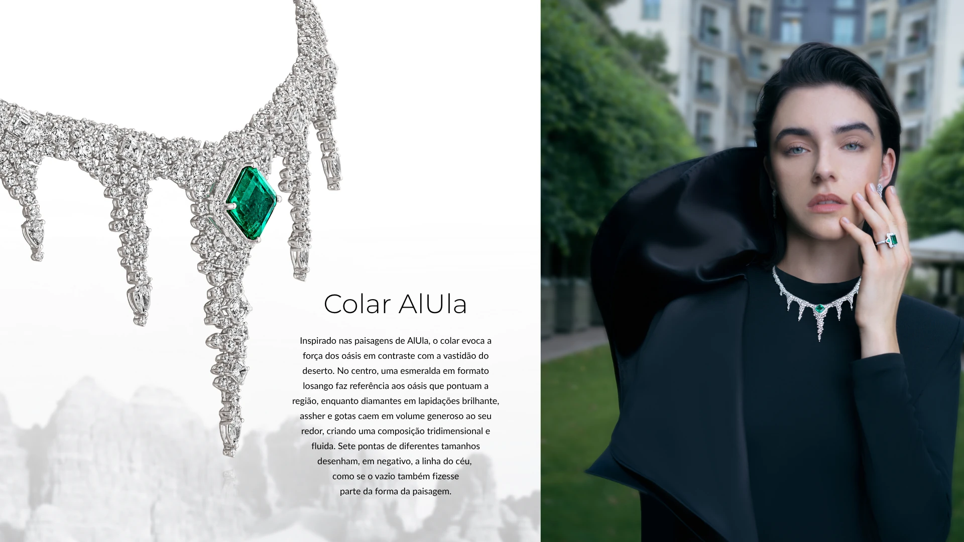 Colar AlUla — composição completa com joia, texto e modelo